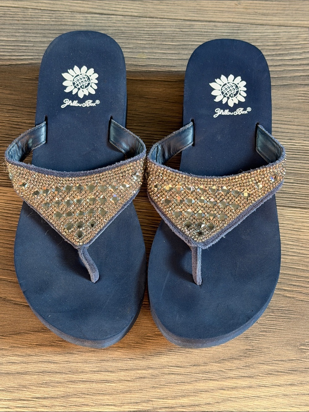 Yellow Box Navy Sandals with Silver Beaded V-Strap